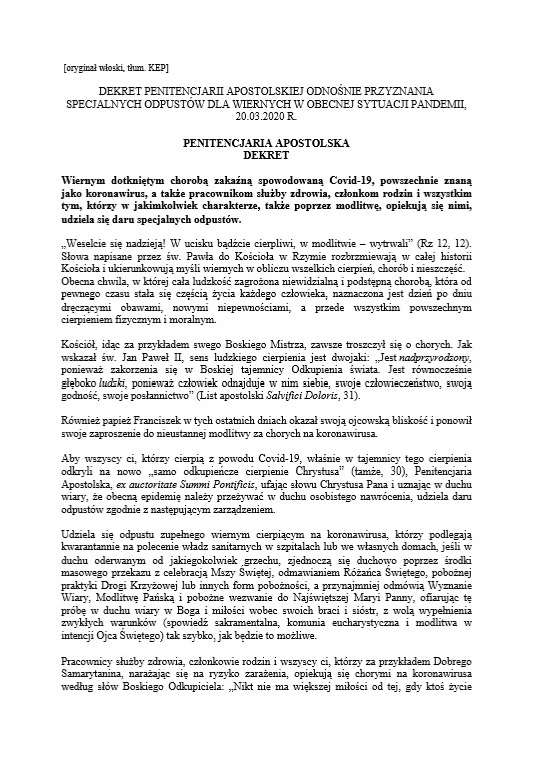 Dekret Penitencjarii Apostolskiej (20.03.2020 r.)