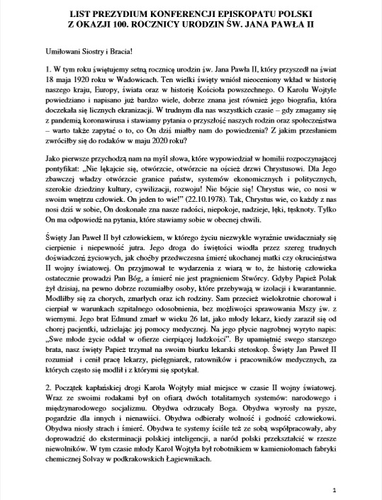List Prezydium KEP na 100 lecie ur. św. Jana Pawła II