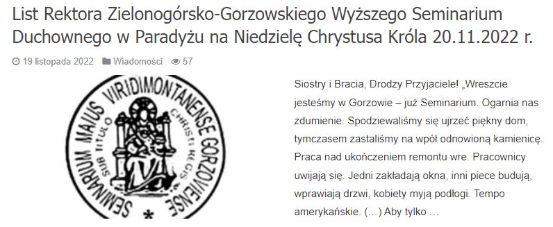 List Rektora Zielonogórskiego Gorzowskiego WSD