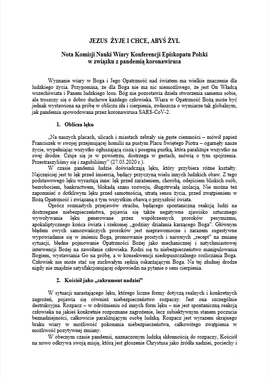 Nota Komisji Nauki Wiary KEP w związku z pandemia koronawirusa (31.03.2020 r.)